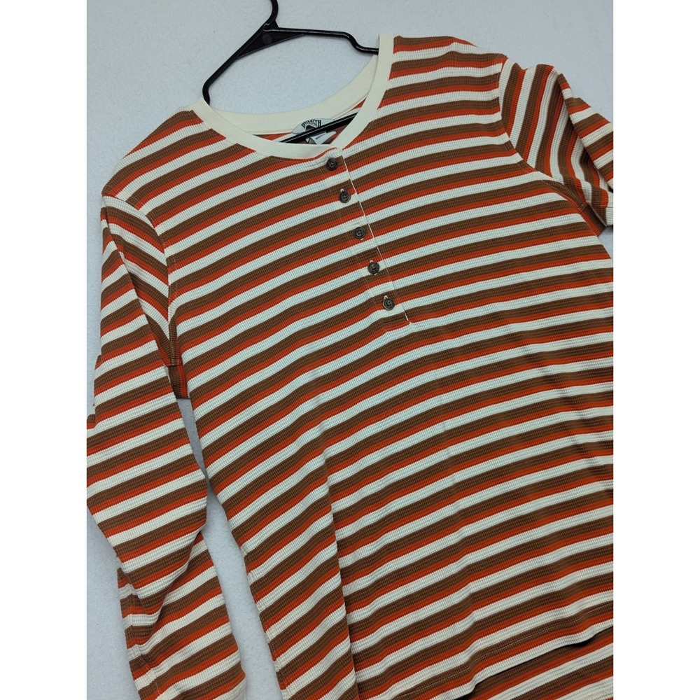 Duluth Trading Co Womens XL Striped Waffle Knit Henley Shirt Orange Brown Cream
